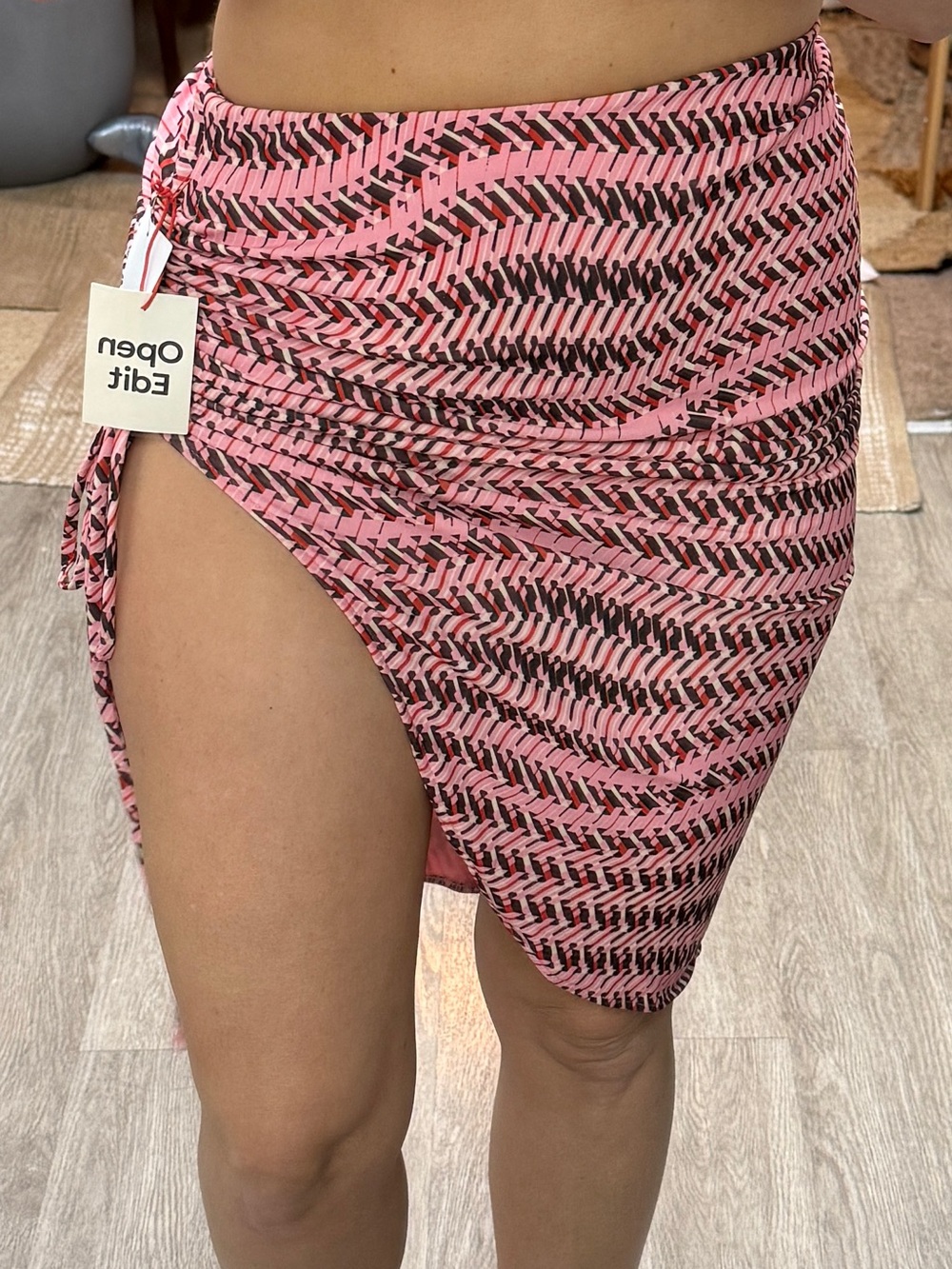 New Open Edit Pink & Black Ruched Wrap Skirt with side slit stretchy Sz xs